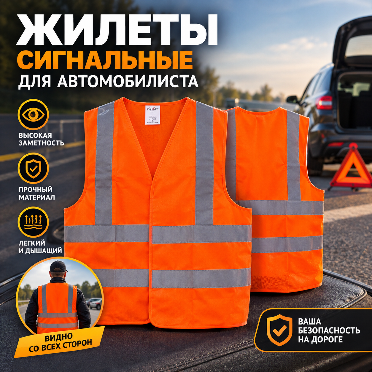 Жилет сигнальный светоотражающий для автомобилиста (оранжевый)