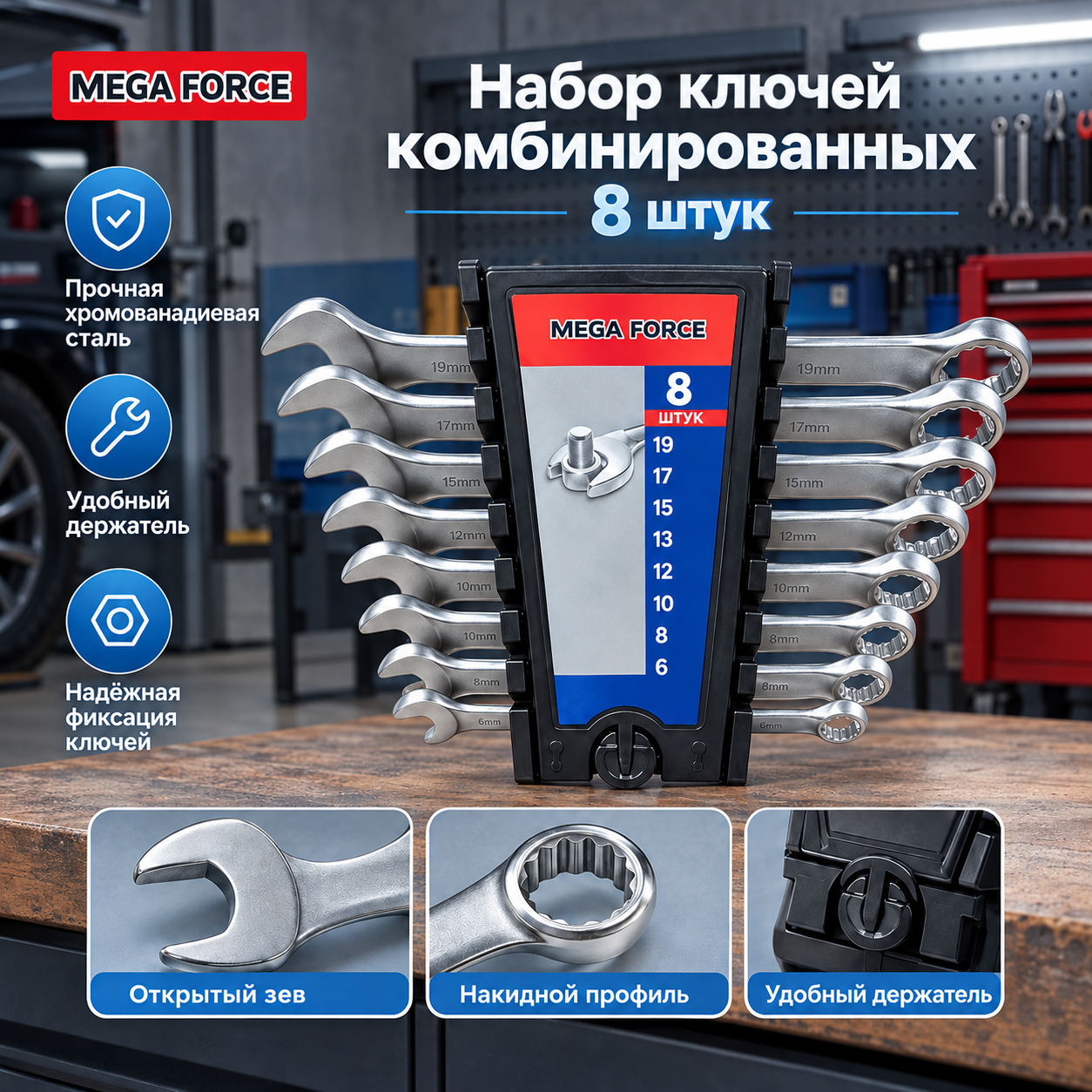 Набор ключей комбинированных MEGA FORCE (8 штук)