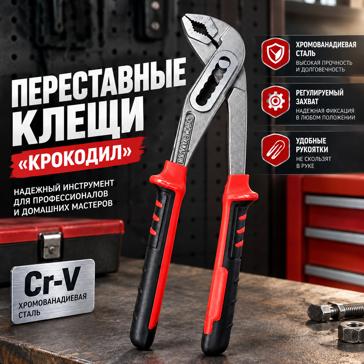 Переставные клещи (Крокодил), выполненные из хромованадиевой стали