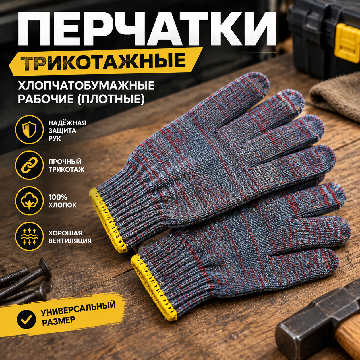 Перчатки трикотажные хлопчатобумажные рабочие (плотные)
