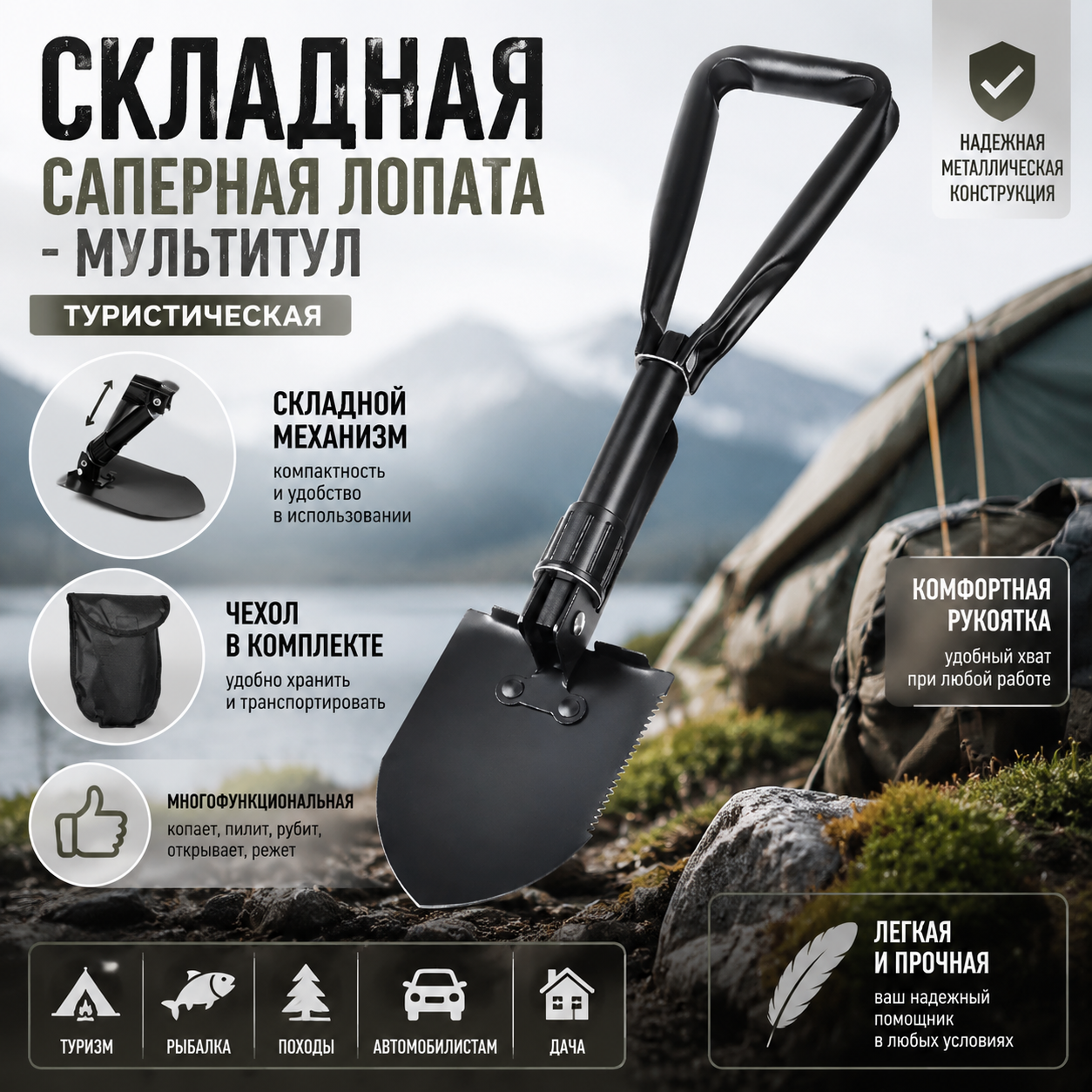 Складная саперная лопата-мультитул (туристическая)