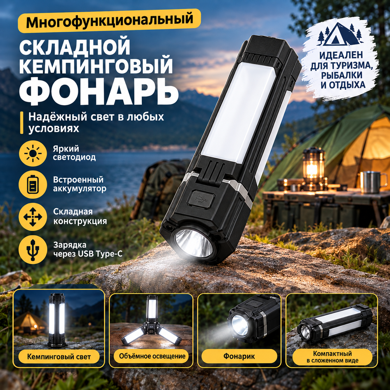 Многофункциональный складной кемпинговый фонарь